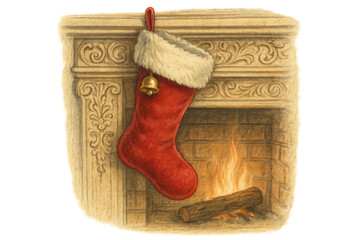 Obraz premium Christmas stocking hanging on a traditional fireplace with a warm fire, celebrating winter holiday spirit and comfort, transparent background