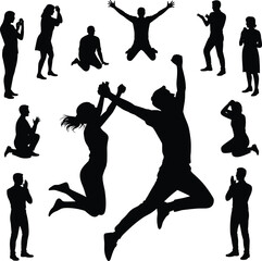 Emotional silhouette circle, human poses, celebration jump, prayer gesture, expressive figures, black vector, people clipart, symbolic art, spiritual stance, joy moment, silhouette design