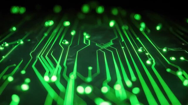 Close-up of a green-lit printed circuit board with glowing traces and microchips.
