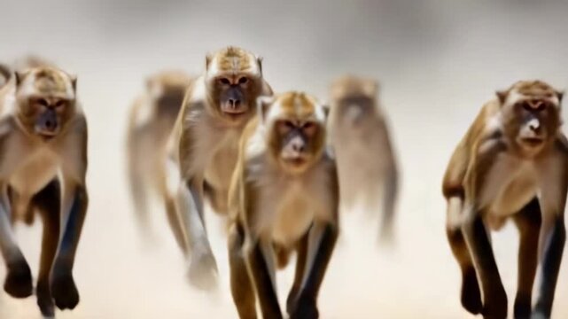 A group of baboons sprint across a dusty road toward the camera.