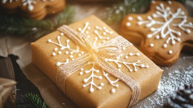 Festively wrapped gingerbread gift with cookies in a cozy setting.