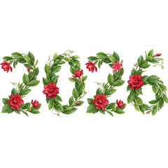 Floral New Year 2026 Number Made of Green Leaves and Red Roses Isolated