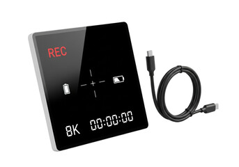 Pristine frameless digital display angled 45 degrees, showing 'REC', battery, '8K', timer, with sleek coiled black USB-C cable on transparent, modern technology precision concept