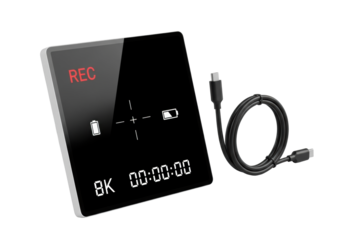 Pristine frameless digital display angled 45 degrees, showing 'REC', battery, '8K', timer, with sleek coiled black USB-C cable on transparent, modern technology precision concept