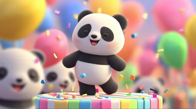A cute, cartoon-style panda character is joyfully dancing on a colorful cake surrounded by balloons and confetti, celebrating a festive occasion.