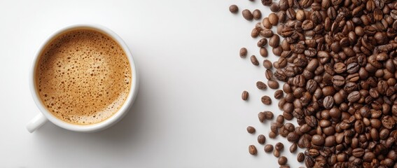 Top view of frothy coffee in a white mug on a clean white background. Perfect for cafes.