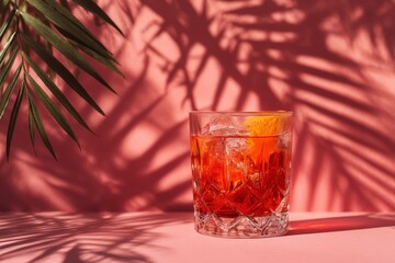 A cocktail in a glass, bathed in the shadows of palm leaves against a pale pink background
