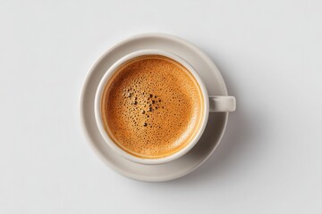 Top view of frothy coffee in a white mug on a clean white background. Perfect for cafes.