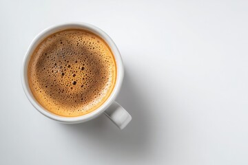 Top view of frothy coffee in a white mug on a clean white background. Perfect for cafes.