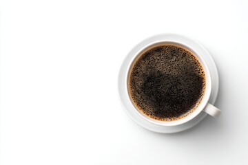 Top view of frothy coffee in a white mug on a clean white background. Perfect for cafes.