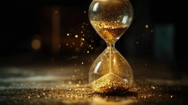Hourglass with golden sand flowing between its chambers on a dark surface, lit by a warm glow.