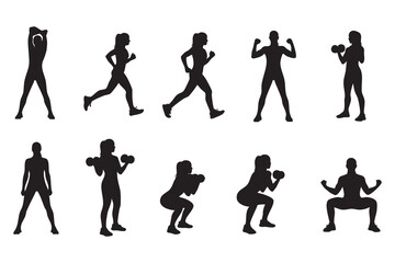 Fitness Silhouette Bundle Male & Female Workout Gym Yoga Exercise Vector Set