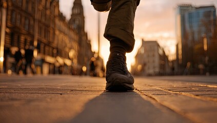 Low angle view of a person running on a paved city street at sunset