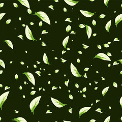 Seamless pattern with falling green leaves on a dark background