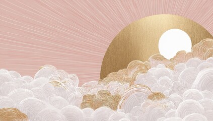 Pastel pink background with gold sun and clouds