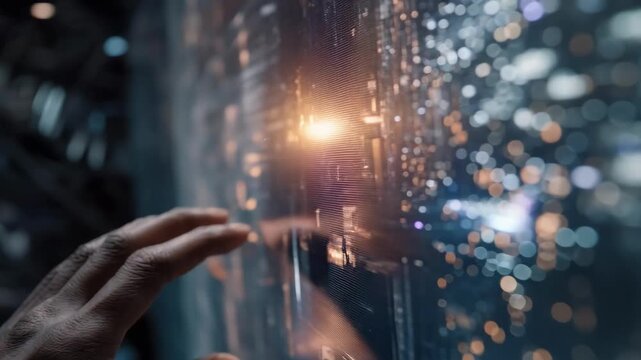 A hand reaches toward a glowing holographic data display with city lights and spark-like particles.
