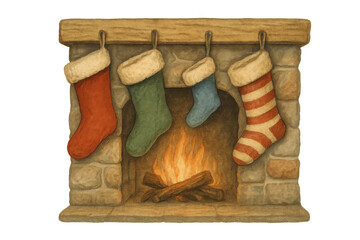Obraz premium Cozy christmas fireplace with burning fire and holiday stockings hanging, creating a warm festive atmosphere