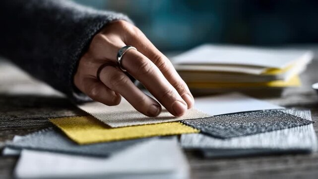 A hand selects fabric swatches on a wooden table, choosing colors for a design; several small fabric samples in gray, white, and yellow.