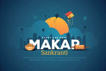Makar Sankranti Poster design with string, ladoo and cityscape. Makar Sankranti is a Hindu harvest festival celebrated across India. Creative vector illustration.