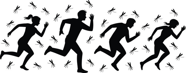 Mosquito swarm silhouette, people running, insect attack, pest control, outdoor panic, vector danger, disease risk, flying bugs, escape scene, biting insects, silhouette art, health threat © Ezazul Haque