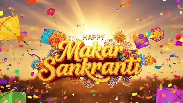 Makar Sankranti colorful decorative kite patang festival video motion animated footage animation showing bright sunset sky with joyful Indian Uttarayan celebration and vibrant harvest mood creating 