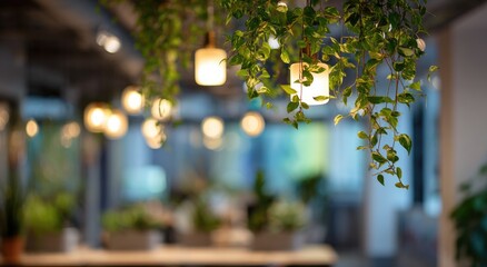 Hanging plants and illuminated bulbs create a cozy, natural indoor ambiance