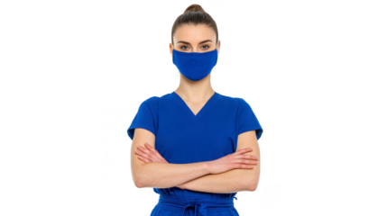 Female healthcare worker in blue uniform and face mask standing with arms crossed, confident and professional, isolated on transparency background, medical staff, hospital, safety