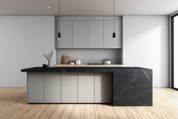 Stylish contemporary kitchen interior featuring marble backsplash, concrete island, pendant lighting, and minimalistic decor on wooden flooring.