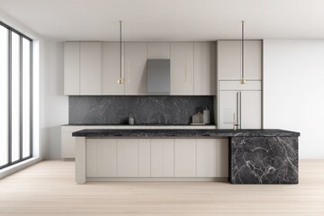 Stylish contemporary kitchen interior featuring marble backsplash, concrete island, pendant lighting, and minimalistic decor on wooden flooring.