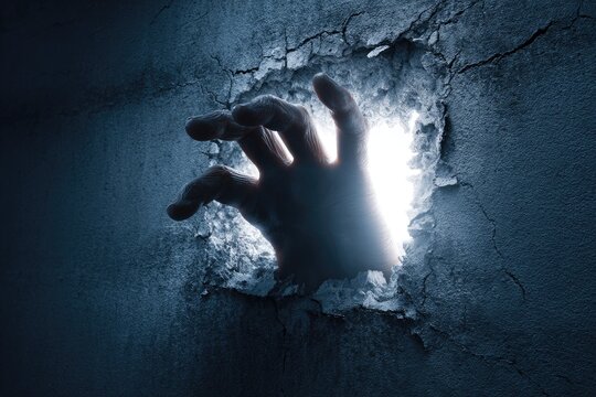 A hand emerges from a jagged hole in a textured, dark wall
