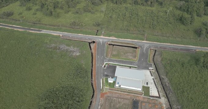 Aerial Drone View A Petrol Station On The Way To Batang Lupar Ferry Terminal And To The New Bridge Project Under Construction,When Complete Will Conected Both Side For Transportation.