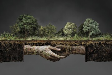 Two hands intertwined below ground, supporting a lush forest