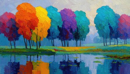 Fototapeta premium Colorful trees reflected in a tranquil lake