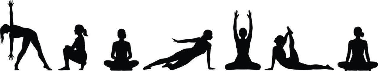 Yoga silhouette poses, black figures, meditation posture, balance and flexibility, spiritual practice, calm energy, body awareness, white background, seated meditation, side plank, reverse plank