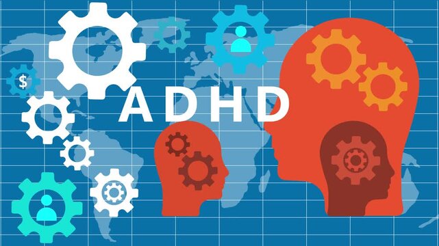 Magnifying Glass Over " ADHD" Text With Gears and World Map Background adhd attention deficit hyperactivity disorder
