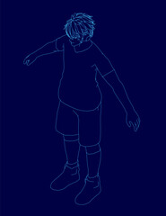 A young boy wearing headphones is depicted in a minimalist blue contour drawing against a dark background.