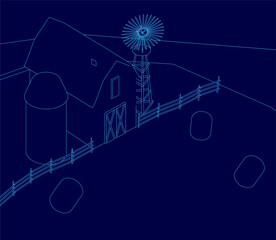 A detailed house blueprint features a prominent windmill on a farm, set against a dark blue contour background. The technical drawing presents clean architectural lines and sustainable energy.
