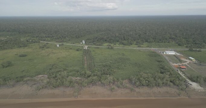 Aerial Drone View A Petrol Station On The Way To Batang Lupar Ferry Terminal And To The New Bridge Project Under Construction,When Complete Will Conected Both Side For Transportation.