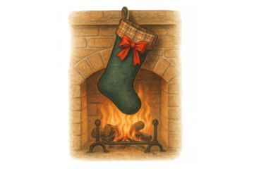 Christmas stocking with plaid cuff and red bow hanging on fireplace mantel above a warm, burning fire