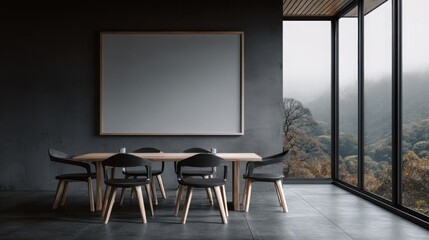Dark modern dining room with forest view and minimalist decor