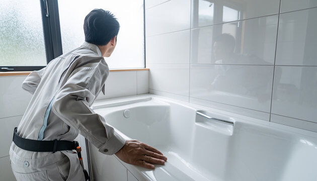 改装中の浴室で確認作業を行う作業員