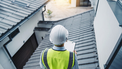 住宅屋根を点検する建設現場監督の後ろ姿
