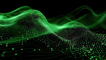 Abstract green digital particles forming flowing waves against a black backdrop