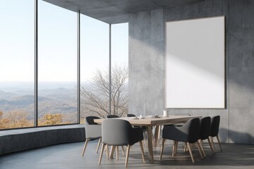 Dark modern dining room with forest view and minimalist decor