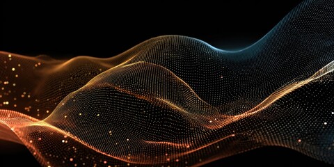 Abstract, glowing wave made of particles, orange to blue gradient over black background
