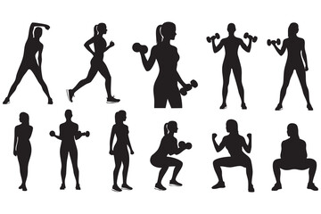 Fitness Silhouette Bundle Male & Female Workout Gym Yoga Exercise Vector Set