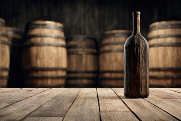 Wine bottle on wooden table in a dark cellar