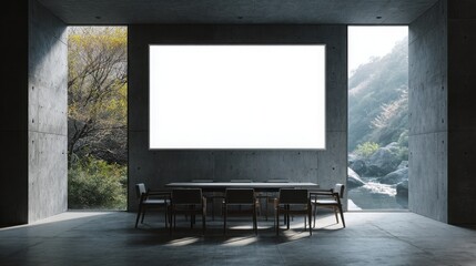 Dark modern dining room with forest view and minimalist decor