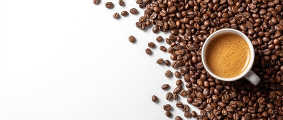 Fresh cup of coffee with roasted beans