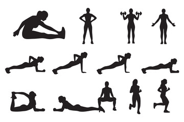 Fitness Silhouette Bundle Male & Female Workout Gym Yoga Exercise Vector Set